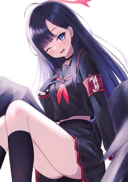 Anime picture 2894x4093 with blue archive ichika (blue archive) cpk prd single tall image looking at viewer fringe highres blue eyes black hair simple background white background sitting ahoge blunt bangs pleated skirt one eye closed hand on chest sweatdrop black wings