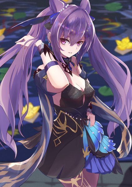 Anime picture 848x1200 with genshin impact keqing (genshin impact) keqing (opulent splendor) (genshin impact) oramustat single long hair tall image looking at viewer blush fringe breasts light erotic hair between eyes standing purple eyes twintails bare shoulders payot cleavage purple hair
