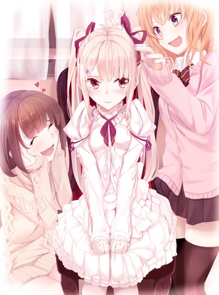 Anime picture 710x955 with original haruka natsuki long hair tall image blush short hair open mouth blonde hair smile red eyes brown hair standing sitting twintails multiple girls payot looking away pink hair eyes closed nail polish