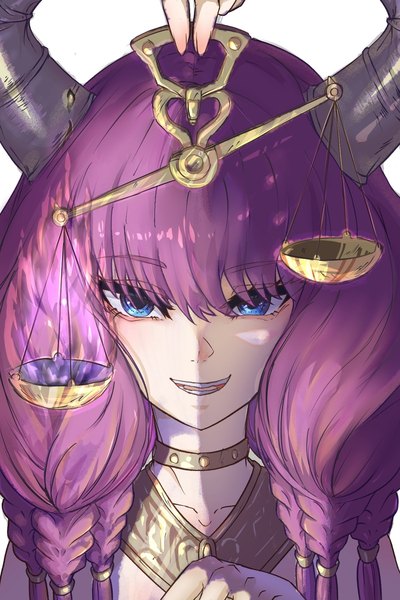 Anime picture 1200x1800 with sousou no frieren aura (sousou no frieren) akatsuki (akatsukinotsuki) single long hair tall image fringe open mouth blue eyes hair between eyes purple hair upper body braid (braids) :d horn (horns) shaded face girl weighing scale