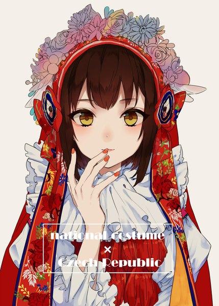 Anime picture 1430x2000 with axis powers hetalia studio deen czech republic furumachi ( trisannkaku) single tall image looking at viewer blush fringe short hair simple background brown hair signed yellow eyes upper body nail polish traditional clothes grey background text floral print