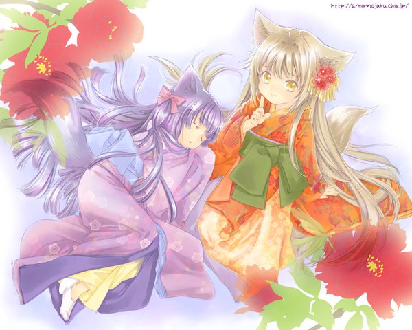 Anime picture 896x717 with konohana kitan yuzu (konohana kitan) sakura (konohana kitan) amano sakuya blonde hair multiple girls animal ears yellow eyes purple hair tail eyes closed very long hair traditional clothes japanese clothes animal tail from above arm support fox ears fox tail fox girl