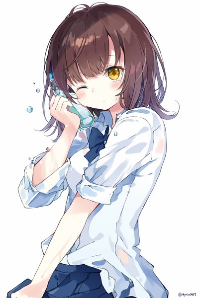 Anime picture 690x1020 with original myuton single long hair tall image looking at viewer blush simple background brown hair white background signed yellow eyes one eye closed twitter username wet clothes wet shirt girl uniform school uniform bowtie