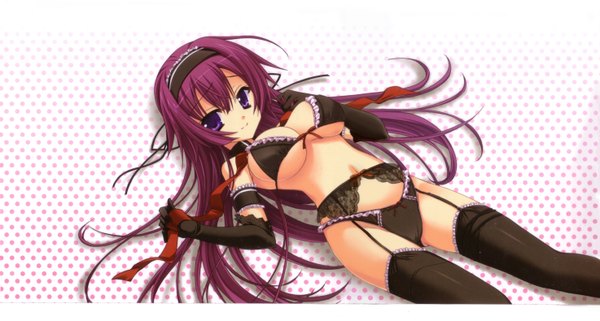 Anime picture 5895x3159 with arisue tsukasa single long hair highres light erotic wide image purple eyes absurdres purple hair lying underwear only girl thighhighs gloves navel underwear panties ribbon (ribbons) black thighhighs elbow gloves