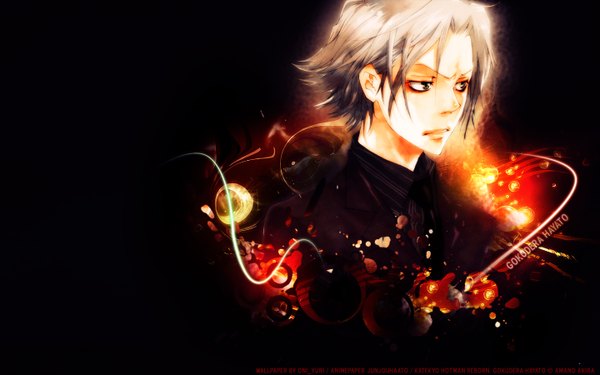 Anime picture 1440x900 with katekyou hitman reborn gokudera hayato wide image grey hair black background boy