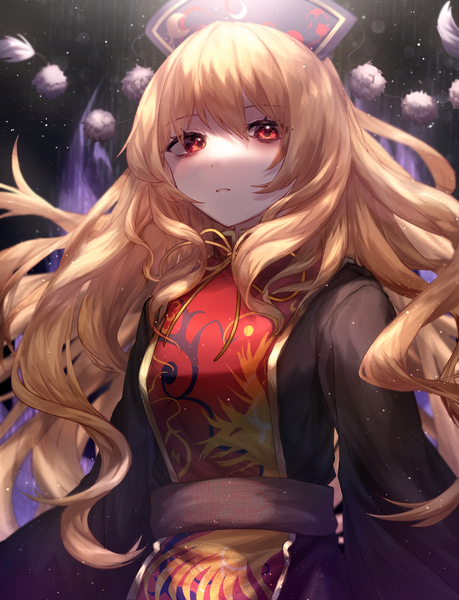 Anime picture 1300x1700 with touhou junko (touhou) mozuno (mozya 7) single long hair tall image looking at viewer fringe blonde hair hair between eyes red eyes upper body shaded face girl headdress pom pom (clothes) tabard