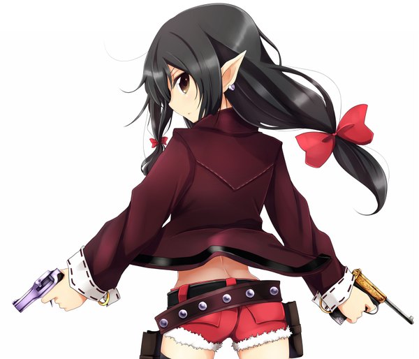 Anime picture 1750x1500 with touhou hakurei reimu amano kouki single long hair highres black hair simple background white background brown eyes looking back pointy ears girl bow weapon hair bow shorts belt gun