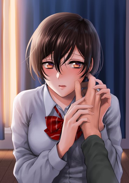 Anime picture 1771x2508 with original shoukaki (earthean) tall image looking at viewer blush fringe highres short hair hair between eyes brown hair brown eyes upper body indoors long sleeves parted lips lips solo focus sweatdrop pov hand on another's face
