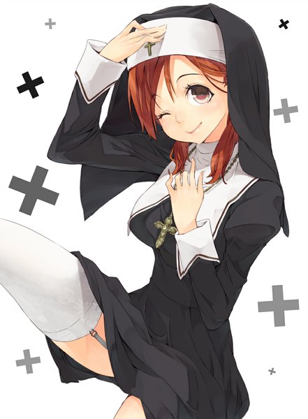 Anime picture 809x1100 with original risou (maeda risou) single tall image looking at viewer blush short hair light erotic simple background smile brown hair white background one eye closed wink nun girl thighhighs white thighhighs cross