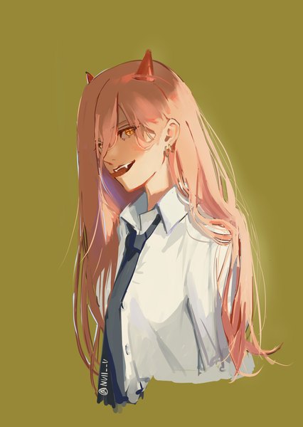 Anime-Bild 1587x2235 mit chainsaw man mappa power (chainsaw man) null (skev7724) single long hair tall image simple background signed yellow eyes pink hair upper body horn (horns) twitter username piercing ear piercing green background girl shirt necktie