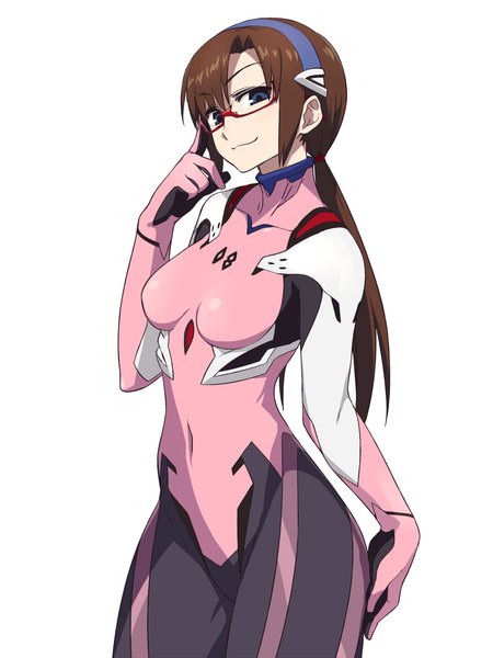 Anime picture 1000x1333 with neon genesis evangelion rebuild of evangelion evangelion: 3.0 you can (not) redo gainax makinami mari illustrious chan co single long hair tall image blue eyes simple background brown hair standing white background twintails low twintails girl glasses headband bodysuit