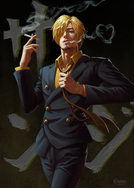 Anime picture 857x1200 with one piece toei animation sanji c home single tall image looking at viewer fringe short hair blonde hair standing signed lips hair over one eye hieroglyph dark background smoke eyebrows smoking adjusting clothes