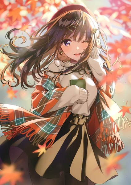 Anime picture 2093x2952 with original morikura en single long hair tall image looking at viewer blush fringe highres open mouth smile hair between eyes brown hair standing purple eyes holding signed pleated skirt one eye closed wind