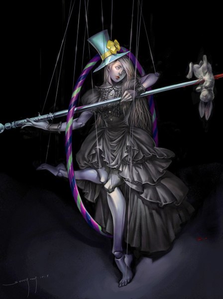 Anime picture 1024x1370 with original cathycat (artist) single long hair tall image silver hair aqua eyes lips black background dark background guro murder girl dress animal blood bunny doll (dolls) top hat marionette