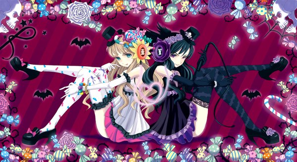 Anime picture 1500x821 with original k (katokenrock) long hair looking at viewer blonde hair wide image sitting purple eyes bare shoulders multiple girls blue hair aqua eyes aqua hair high heels couple striped halloween back to back striped background music