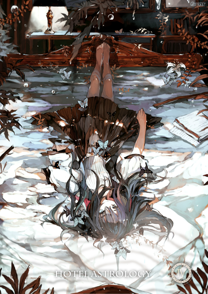 Anime picture 636x900 with original algl lana (algl) asahiro single long hair tall image looking at viewer fringe blue eyes black hair hair between eyes full body lying barefoot on back upside down girl skirt plant (plants)