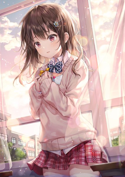 Anime picture 1500x2122 with original r o ha single long hair tall image blush fringe hair between eyes red eyes brown hair standing holding looking away indoors long sleeves parted lips hair flower wind zettai ryouiki tears
