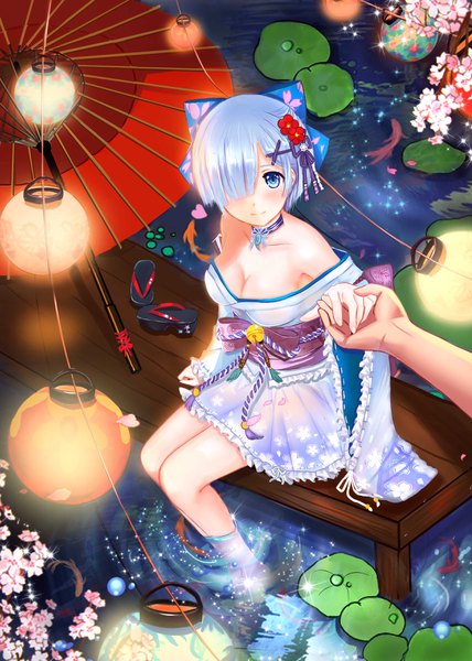 Anime picture 2500x3500 with re:zero kara hajimeru isekai seikatsu white fox rem (re:zero) melody5427 tall image looking at viewer blush fringe highres short hair breasts blue eyes light erotic large breasts sitting blue hair cleavage traditional clothes japanese clothes hair flower
