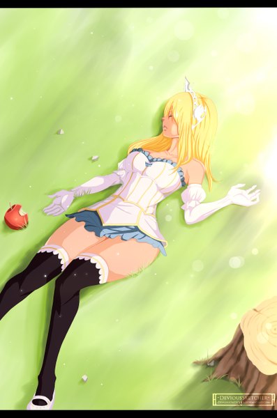Anime picture 1638x2473 with fairy tail lucy heartfilia devioussketcher single long hair tall image blonde hair bare shoulders lying eyes closed sunlight coloring sleeping girl thighhighs gloves black thighhighs elbow gloves white gloves fruit