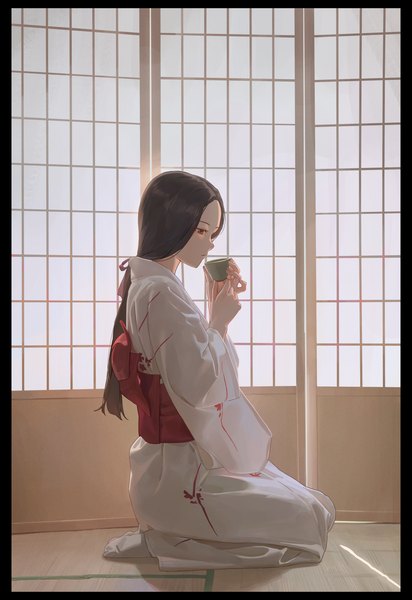 Anime picture 3016x4394 with original free style (yohan1754) single long hair tall image highres brown hair sitting holding brown eyes looking away absurdres full body indoors traditional clothes japanese clothes profile wide sleeves border seiza