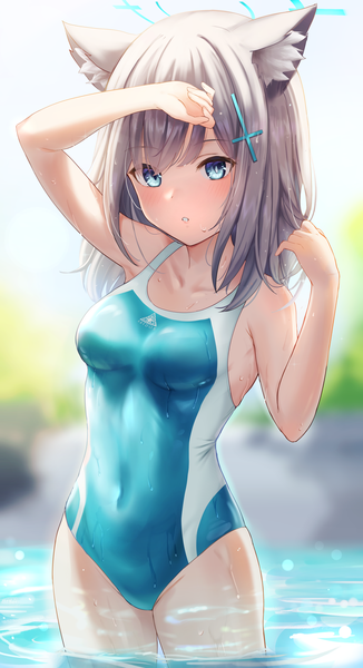Anime picture 1611x2962 with blue archive shiroko (blue archive) moshi imo single long hair tall image blush blue eyes light erotic standing animal ears arm up grey hair wet partially submerged covered navel girl swimsuit water halo