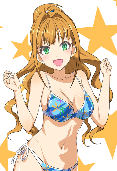 Anime picture 684x1000 with idolmaster idolmaster cinderella girls hino akane (idolmaster) mashou boy single long hair tall image looking at viewer blush breasts open mouth light erotic brown hair green eyes payot :d girl swimsuit bikini star (symbol)