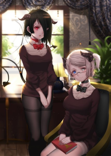 Anime picture 1419x1987 with original hk (hak) tall image looking at viewer short hair light erotic black hair red eyes sitting multiple girls white hair tail horn (horns) heterochromia girl 2 girls plant (plants) pantyhose glasses black pantyhose