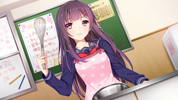 Anime picture 1280x720 with gin'iro haruka niimi yuzuki single long hair looking at viewer black hair wide image purple eyes game cg light smile cooking girl uniform school uniform apron