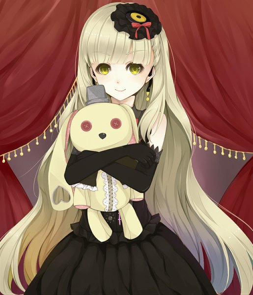 Anime picture 1000x1166 with vocaloid mayu (vocaloid) usano mimi somma nid (r1ches) single long hair tall image looking at viewer blonde hair yellow eyes very long hair hug girl dress gloves hat elbow gloves black dress toy