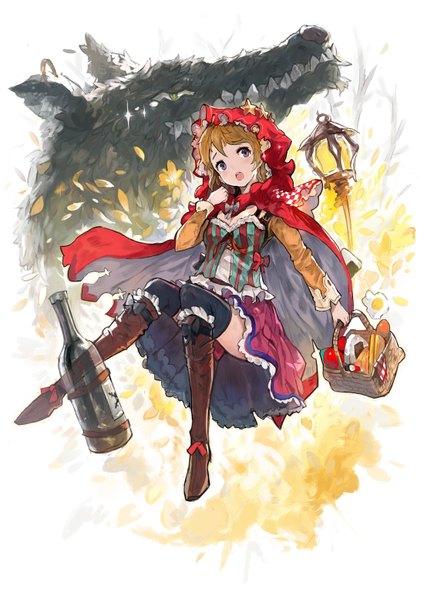 イラスト 1100x1556 と ラブライブ! little red riding hood グランブルーファンタジー サンライズ love live! grimm's fairy tales 小泉花陽 little red riding hood (character) big bad wolf alchemaniac 長身像 赤面 短い髪 開いた口 茶色の髪 紫目 holding bent knee (knees) frilly skirt little red riding hood (cosplay)