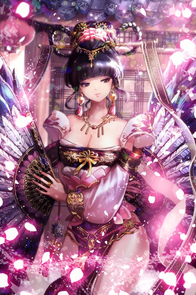 Anime picture 1000x1500 with devil maker ruck single tall image fringe short hair breasts light erotic black hair standing holding payot looking away cleavage blunt bangs braid (braids) traditional clothes light smile black eyes chinese clothes