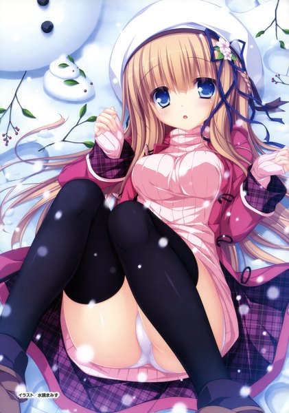 Anime picture 2445x3485 with magicalic sky high kawasumi yurika mikagami mamizu long hair tall image blush highres open mouth blue eyes light erotic blonde hair scan open clothes open jacket on back snowing winter snow reclining girl