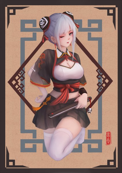 Anime picture 2418x3419 with original shimmer single tall image looking at viewer fringe highres short hair breasts payot cleavage bent knee (knees) white hair traditional clothes one eye closed wink black eyes hair bun (hair buns) hand on hip border