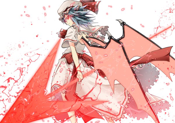 Anime picture 1200x847 with touhou remilia scarlet akaneharu ohkami single looking at viewer short hair simple background red eyes standing white background blue hair profile looking back glowing glowing eye (eyes) bat wings girl dress weapon hat