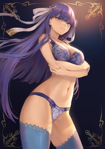 Anime picture 1302x1842 with fate (series) fate/grand order martha (fate) mashuu (neko no oyashiro) single long hair tall image looking at viewer blush fringe breasts blue eyes light erotic simple background large breasts standing cleavage purple hair blunt bangs underwear only