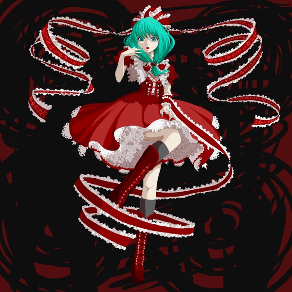 Anime picture 3200x3200 with touhou kagiyama hina maki (huran) single highres open mouth green eyes absurdres aqua hair girl ribbon (ribbons) boots