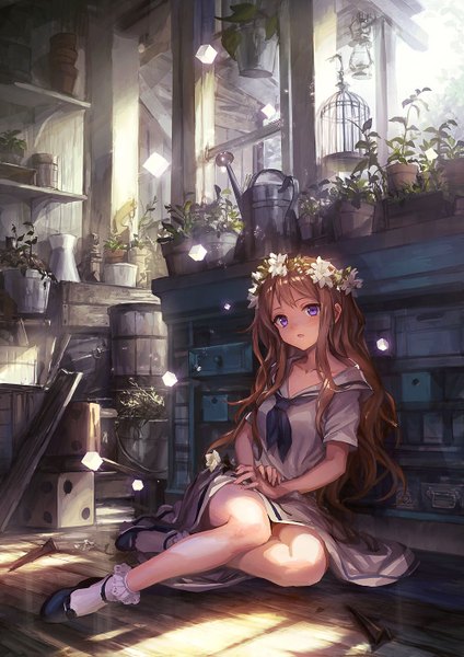 Anime picture 1000x1415 with original lm7 (op-center) single long hair tall image looking at viewer blush brown hair sitting purple eyes bent knee (knees) sunlight shadow girl dress flower (flowers) plant (plants) socks window white socks
