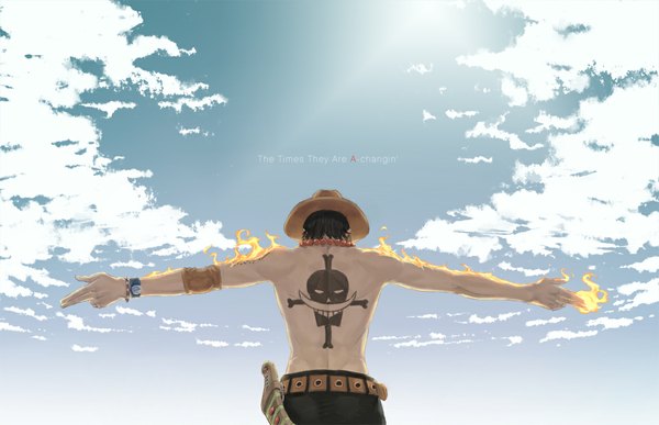 Anime picture 1161x750 with one piece toei animation portgas d. ace kyuugou (ninekoks) single short hair black hair sky cloud (clouds) from behind tattoo back spread arms topless boy weapon hat bracelet belt necklace