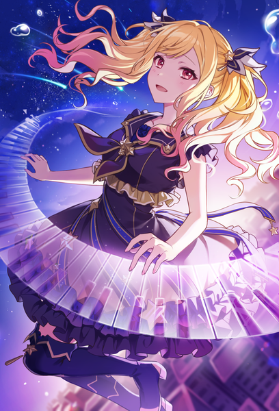 Anime picture 1701x2500 with project sekai tenma saki kheng (k heng1223) single long hair tall image looking at viewer blush highres open mouth blonde hair smile red eyes twintails night night sky sleeveless gradient hair midair meteor rain