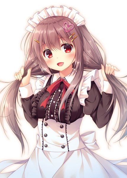 Anime picture 648x906 with original fujikura ryuune single long hair tall image looking at viewer blush fringe open mouth simple background red eyes brown hair white background upper body maid holding hair girl uniform hair ornament frills