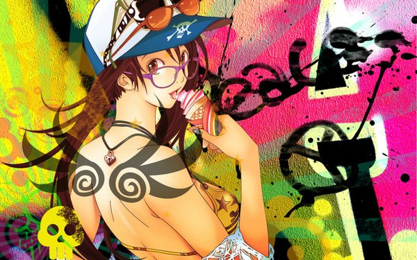 Anime picture 1800x1126 with air gear toei animation noyamano ringo single long hair looking at viewer highres breasts light erotic brown hair bare shoulders brown eyes fingernails black wings sunglasses on head girl swimsuit wings glasses food