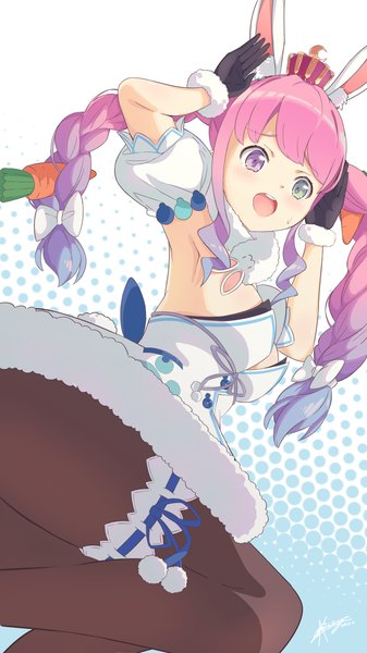Anime picture 2250x4000 with virtual youtuber hololive usada pekora himemori luna akichazuke single tall image looking at viewer highres breasts open mouth light erotic green eyes signed animal ears pink hair braid (braids) pink eyes armpit (armpits) bunny ears