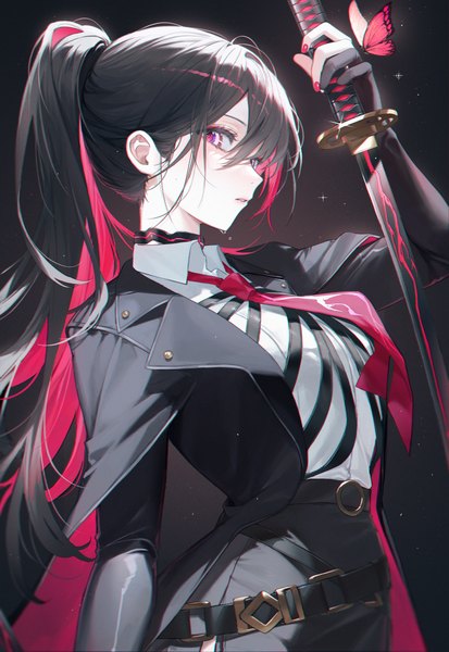 Anime picture 2000x2909 with legendary sword cerberus (legendary sword) kinty single long hair tall image fringe highres black hair simple background hair between eyes upper body ponytail nail polish pink eyes multicolored hair black background colored inner hair red nail polish butterfly on hand
