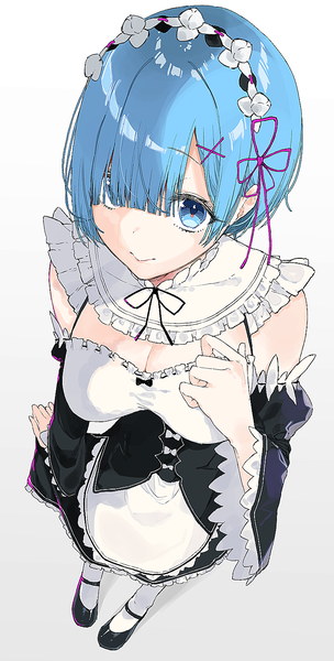 Anime picture 760x1500 with re:zero kara hajimeru isekai seikatsu white fox rem (re:zero) kayahara (kayaka) single tall image looking at viewer fringe short hair breasts blue eyes simple background smile blue hair cleavage full body arm up from above hair over one eye wide sleeves