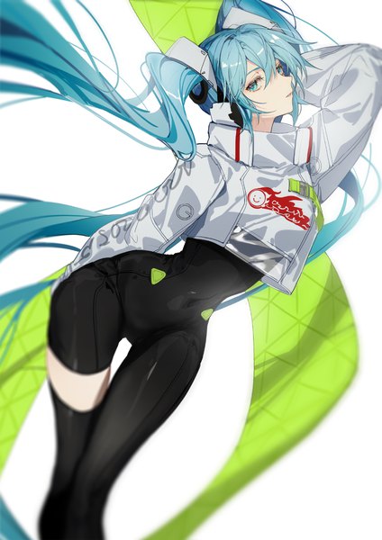 Anime picture 1000x1415 with vocaloid goodsmile racing hatsune miku racing miku racing miku (2022) indai (3330425) single tall image looking at viewer fringe hair between eyes white background twintails very long hair aqua eyes aqua hair zettai ryouiki thigh gap covered navel arm behind head