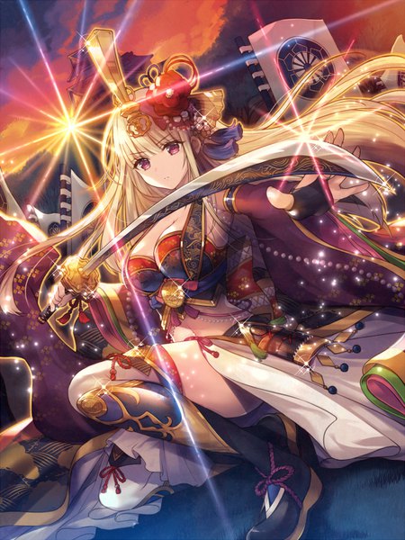 Anime picture 600x800 with sengoku kishin valkyrie sengoku hime-shin valkyrie necomi (gussan) single long hair tall image looking at viewer fringe breasts blonde hair large breasts bent knee (knees) outdoors pink eyes sunlight bare belly sparkle midriff evening sunset
