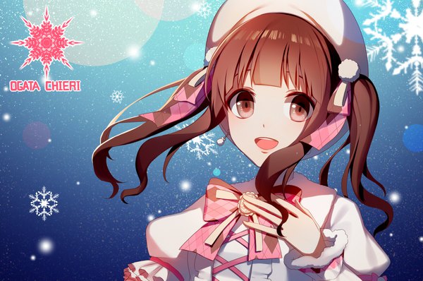 Anime picture 1500x996 with idolmaster idolmaster cinderella girls ogata chieri asd13 single long hair looking at viewer fringe open mouth brown hair twintails brown eyes upper body wind teeth character names lens flare girl beret snowflake (snowflakes)