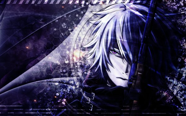 Anime picture 1280x800 with tegami bachi gauche suede umi-no-mizu single fringe short hair wide image purple eyes looking away white hair hair over one eye wallpaper boy weapon