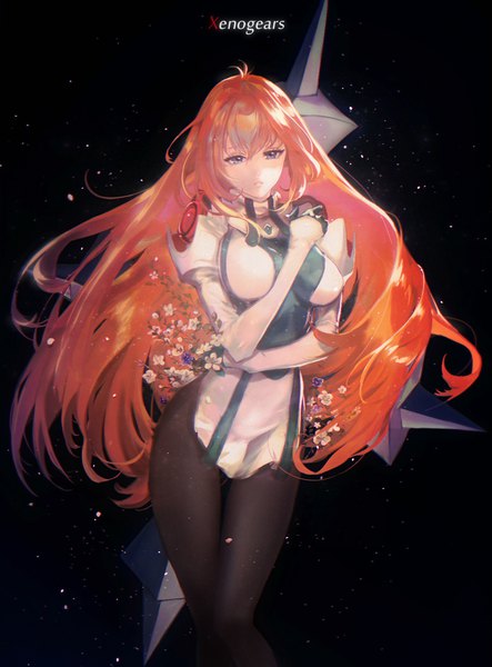 Anime picture 720x975 with xenogears elhaym van houten yaku (ziroken) single long hair tall image fringe blue eyes light erotic simple background hair between eyes orange hair copyright name black background hand on shoulder girl flower (flowers) pantyhose black pantyhose