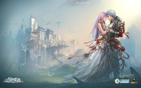 Anime picture 1920x1200 with yangqi long hair highres short hair wide image pink hair silver hair face to face girl dress boy animal white dress armor bird (birds) jewelry castle flying castle